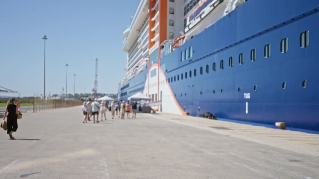 Blurred cruise port walkway with defocused ship facade outdoor; background backplate copyspace template.