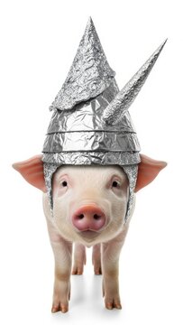 pig wearing a tinfoil hat, paranoid, paranoia, on a white background, animal photo