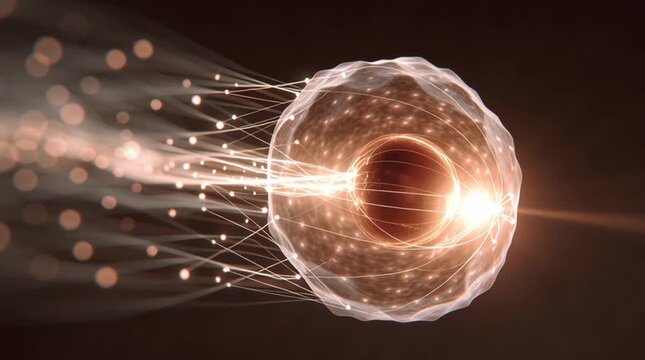 Dramatic slow-motion visualization of an alpha particle as a glowing helium nucleus emitted from an atom and stopped by a simple sheet of paper, illustrating radiation shielding.
