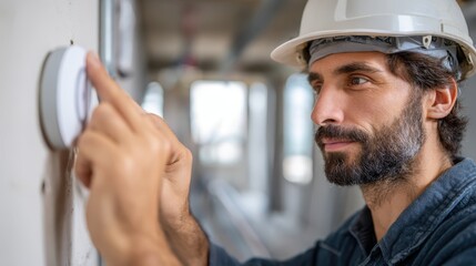 Construction worker adjusting a thermostat in a building under renovation in the afternoon light
