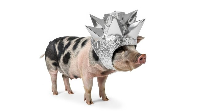 pig wearing a tinfoil hat, paranoid, paranoia, on a white background, animal photo