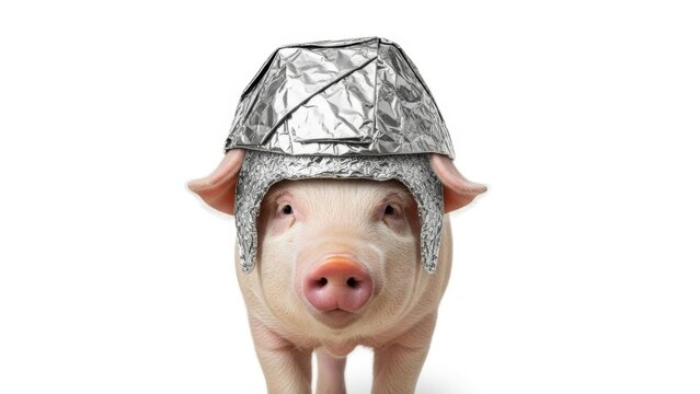 pig wearing a tinfoil hat, paranoid, paranoia, on a white background, animal photo