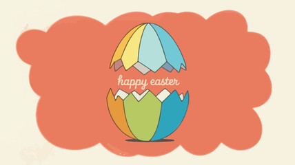 Fototapeta premium Charming cracked easter egg with colorful segments and happy easter text on a cloud shape
