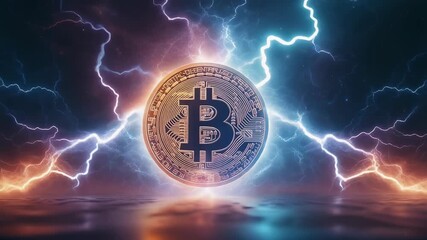 Dynamic Bitcoin cryptocurrency coin engulfed by intense orange and blue electrical energy symbolizing volatile decentralized finance and power technology - Powered by Adobe