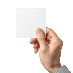 Hand holding a blank square white card against a black background with grey fabric cuff