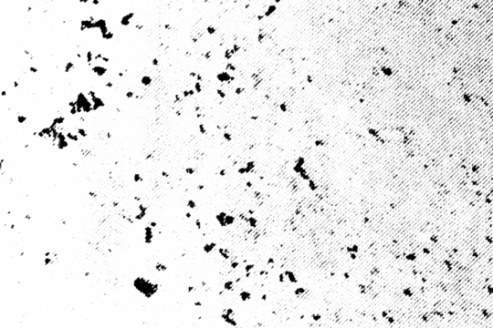 Macro halftone print showing scattered black speckles and dust-like marks over fine diagonal shading on a transparent background. High-contrast, irregular, organic texture.