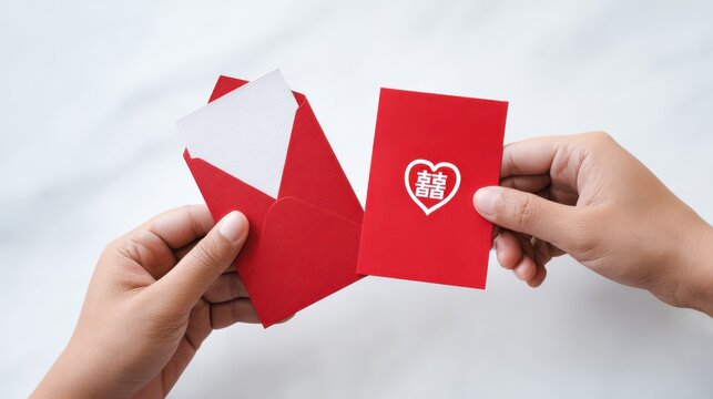 Hands holding chinese wedding invitation with double happiness symbol - Powered by Adobe