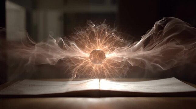 Dramatic slow-motion visualization of an alpha particle moving through matter, leaving a glowing ionization trail as it collides with atoms in a dark, high-contrast scientific scene.
