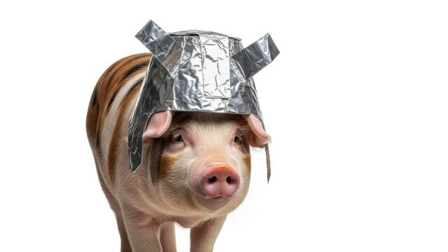 pig wearing a tinfoil hat, paranoid, paranoia, on a white background, animal photo