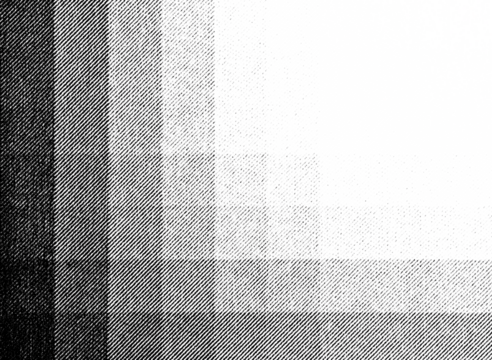 Macro halftone print of layered rectangular gradient blocks forming a dark-to-light corner transition, created with dense black diagonal dots on a transparent background.