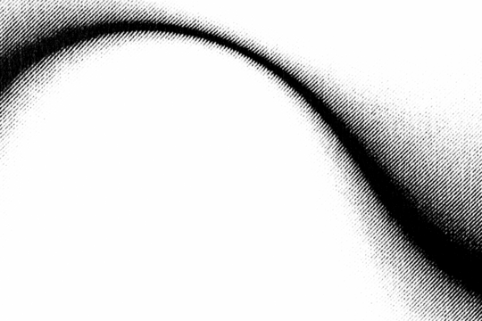 Macro halftone curve with dense diagonal shading on a transparent background. Strong contrast and fluid tonal flow forming a sweeping abstract shape.