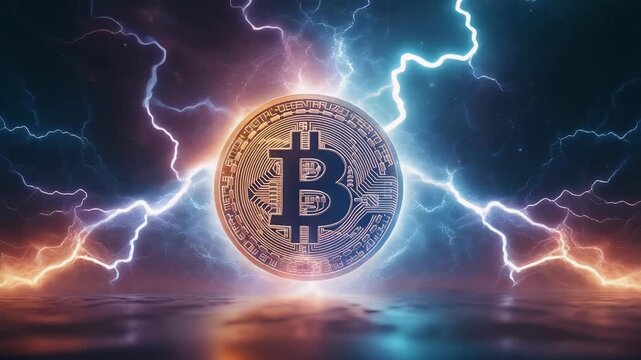 Dynamic Bitcoin cryptocurrency coin engulfed by intense orange and blue electrical energy symbolizing volatile decentralized finance and power technology