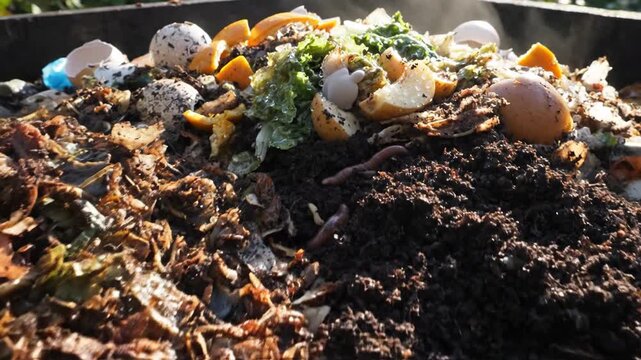 Organic waste decomposition process close up sunlight illuminated