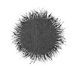 Dense halftone circle with jagged grass-like spikes forming a bold burst shape in black ink on a transparent background.