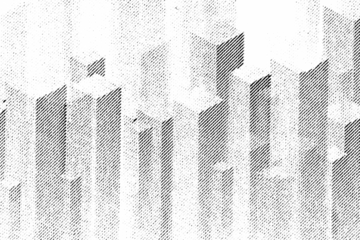 Macro halftone pattern of tall square columns rising like stacked blocks or a stylized city skyline, black diagonal shading on a transparent PNG background.
