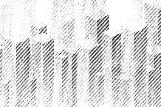 Macro halftone pattern of tall square columns rising like stacked blocks or a stylized city skyline, black diagonal shading on a transparent PNG background.