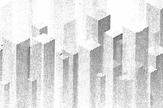 Macro halftone pattern of tall square columns rising like stacked blocks or a stylized city skyline, black diagonal shading on a transparent PNG background.