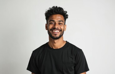 Obraz premium Young Hindu man with curly hair and beard smiles widely. He wears a black casual t-shirt, stands alone in a studio with a light grey background. Positive emotion shown directly to camera.