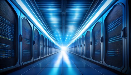 futuristic server corridor with arched ceiling and blue ambient lights