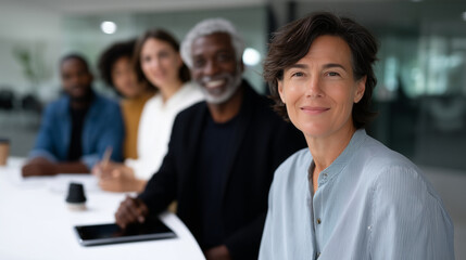 Obraz premium bright, modern corporate workspace filled with warm ambient light and soft natural daylight coming from large windows, creating an open, productive environment. The scene is photog