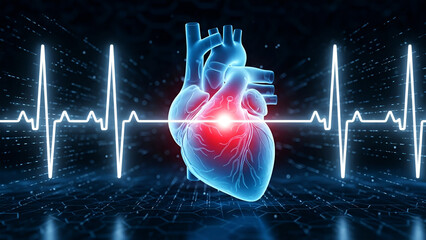 Blue human heart with red glowing center and white electrocardiogram lines on dark digital background