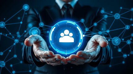 Businessperson's hands in a suit holding a luminous blue-and-white digital network orb featuring a three-person community icon, set against a dark background with blurred blue data streams.
