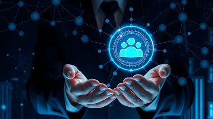 Hands holding a glowing digital sphere with a white user group/community icon on a dark background, representing network connection and customer relationship management (CRM).