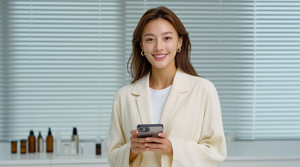 A young Asian woman records a live beauty vlog in a bright, softly lit room, standing behind a clean white table scattered with various skincare bottles and cosmetic containers. He