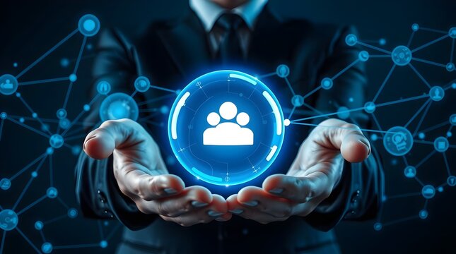 Businessperson's hands in a suit holding a luminous blue-and-white digital network orb featuring a three-person community icon, set against a dark background with blurred blue data streams.

