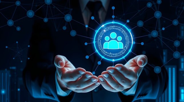 Hands holding a glowing digital sphere with a white user group/community icon on a dark background, representing network connection and customer relationship management (CRM). - Powered by Adobe