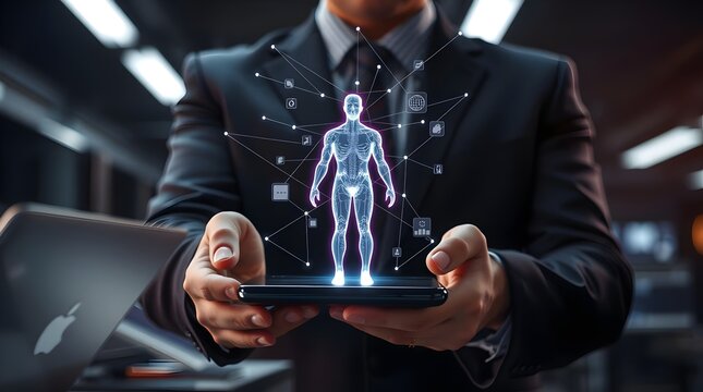 Businessman Holding Phone with Blue Holographic Human Figure concept of digital success 