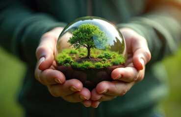 Naklejka premium Person holds a glass sphere containing tiny tree growing in soil. Illustration symbolizes eco conscious lifestyle nature conservation and environmental protection. Concept for sustainable growth