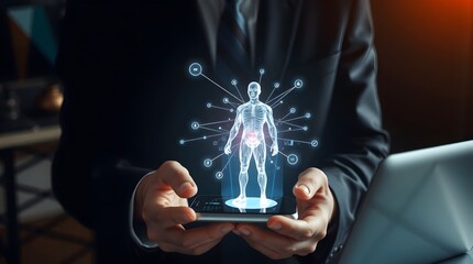 Businessman Holding Phone with Blue Holographic Human Figure & Connected Medical Icons, Businessman Holding Phone with Blue Holographic Human Figure business achievement 
