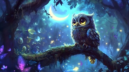 Cute baby owl perched on a mossy branch in a glowing magical forest under the crescent moon