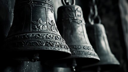 Antique metal bells with ornate engravings hanging in dramatic low light close-up