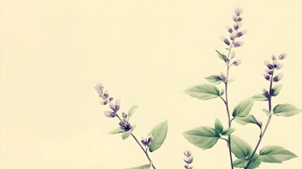 Delicate botanical artwork of lavender-like flowering stems with soft green leaves on light backdrop