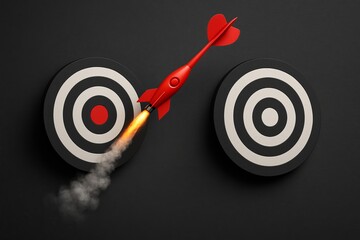Red dart on rocket leaving black dartboard symbolizing outstanding success and achievement of goals