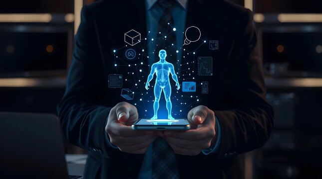 Businessman Holding Phone with Blue Holographic Human Figure concept of digital development 