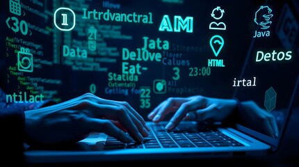 Neo-Coder Canvas: Hands typing on a laptop with holographic blue coding screen, featuring HTML and data strings