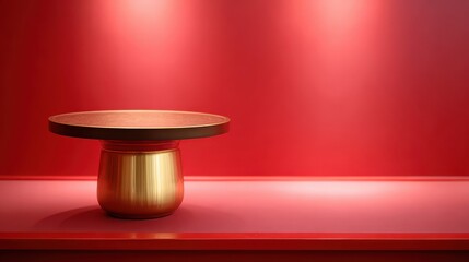 Golden podium stand on a red background for product presentation