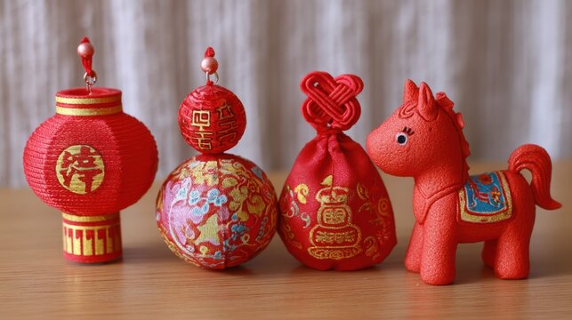 Chinese new year decorations with red lantern horse and lucky charms