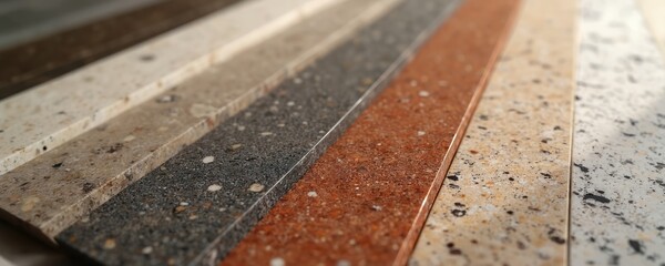 Assortment of artificial stone samples in various colors and textures. Materials show speckled patterns suitable for modern home interior renovations and design projects like countertops or flooring.