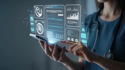 Medical professional views patient data charts and diagnostic information on a smartphone with an illuminated digital holographic interface for advanced records - Powered by Adobe