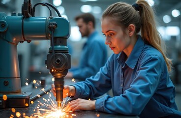 Female engineer works with automated robotic welder in factory. Woman in blue uniform operates modern tech. Man in background. Sparks fly during welding process at industrial plant.