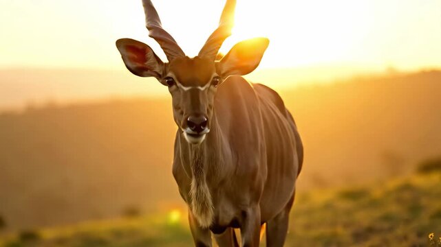 common eland (taurotragus oryx) grazing on a grassy hilltop during golden hour sunset