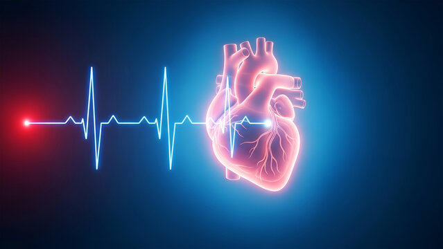 Glowing human heart with electrocardiogram line on dark blue background anatomy medical - Powered by Adobe