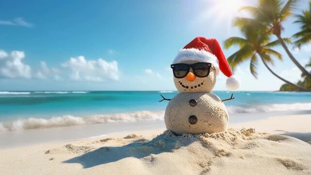 Cheerful sand snowman wearing a Santa hat and sunglasses on a sunny tropical beach, creating a fun and playful Christmas vacation scene.