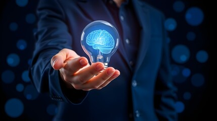 Lightbulb with illuminated blue brain resting on a cupped palm of a person in a dark jacket, emphasizing human control over AI.
