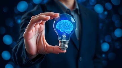 Hand in dark suit grasping glowing lightbulb with blue brain model, focusing on innovation and intellect