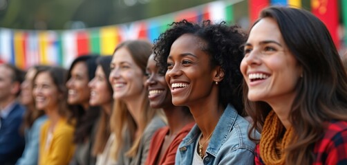 Diverse women smile in rows at conference. Flags hang above audience. Multiracial crowd listens to speaker at international event. Women show joy, celebrate female leadership, success in global